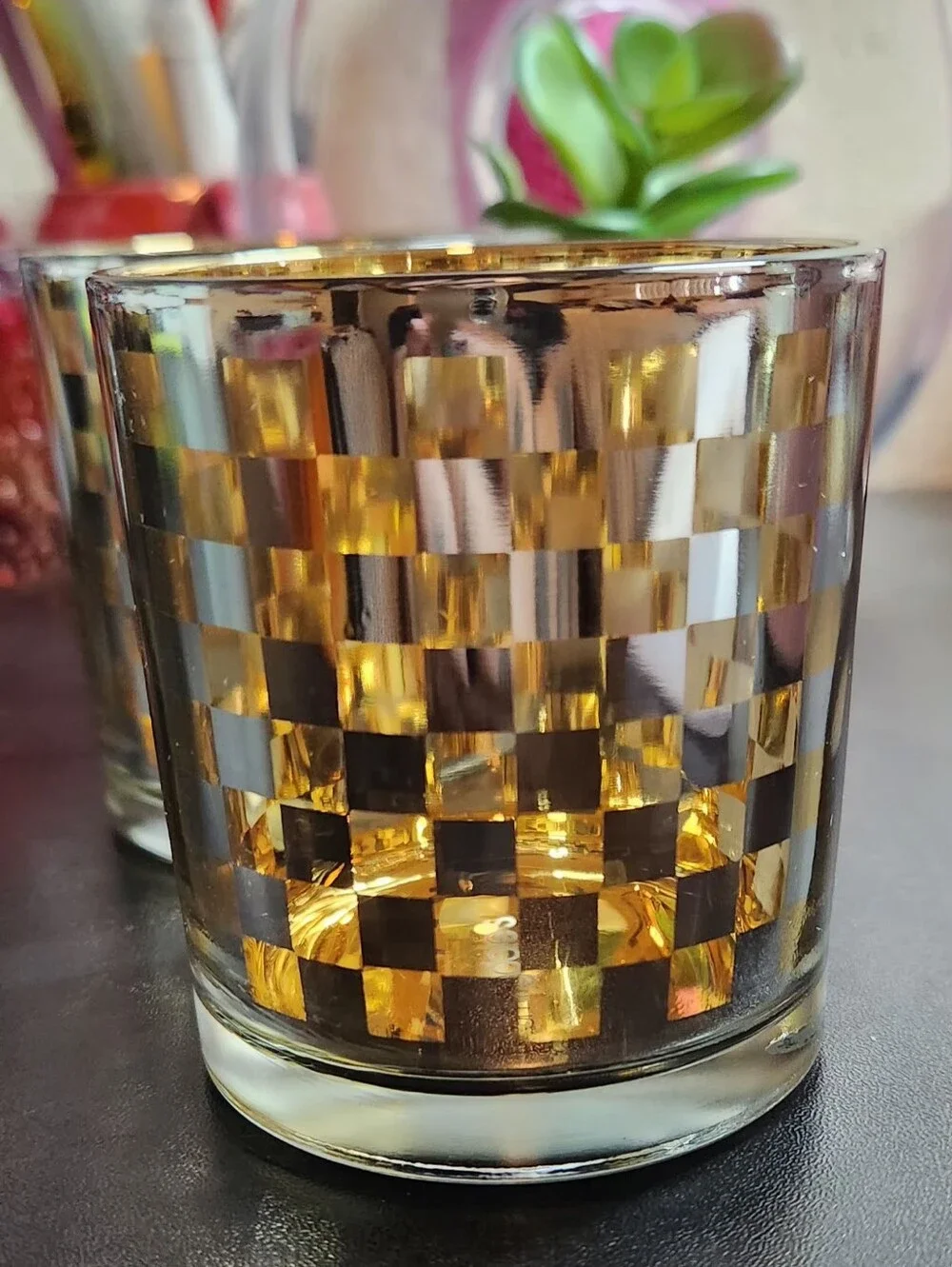 Vintage Bloomingdale's Gold Checkerboard Glass Votive Candle Holders Set Of 2
